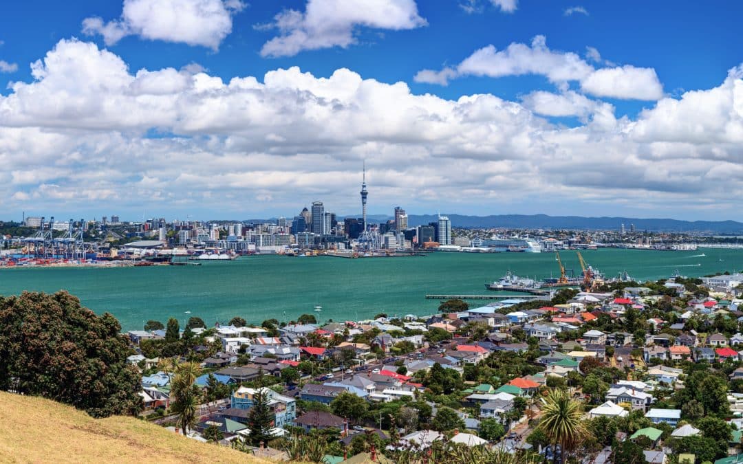 The city of auckland is seen from the top of a hill