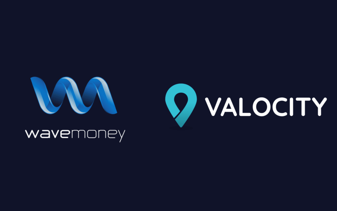 Valocity and wavemoney logos on a black background
